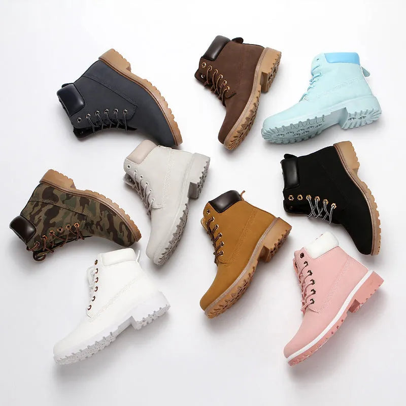 Pink men's high-top Martin boots with velvet lining and flat 1-3cm heel on round toe
