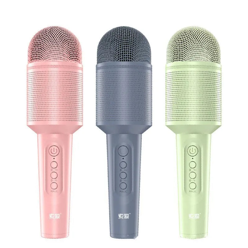 Wireless Bluetooth karaoke microphone in pink, blue, or green colours with USB connection