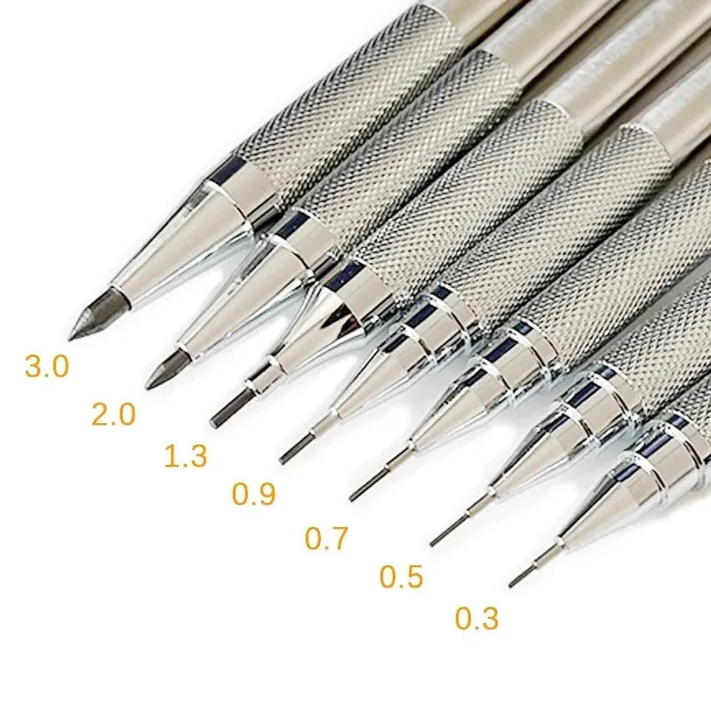 Metal automatic mechanical pencil shown with selection of compatible lead sizes including 0.5mm and 2.0mm.
