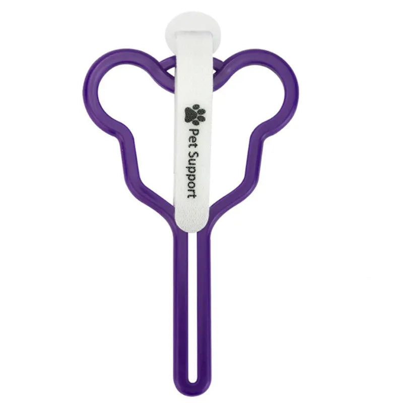 Hands-free dog poop bag holder with Velcro strap attached to a leash.