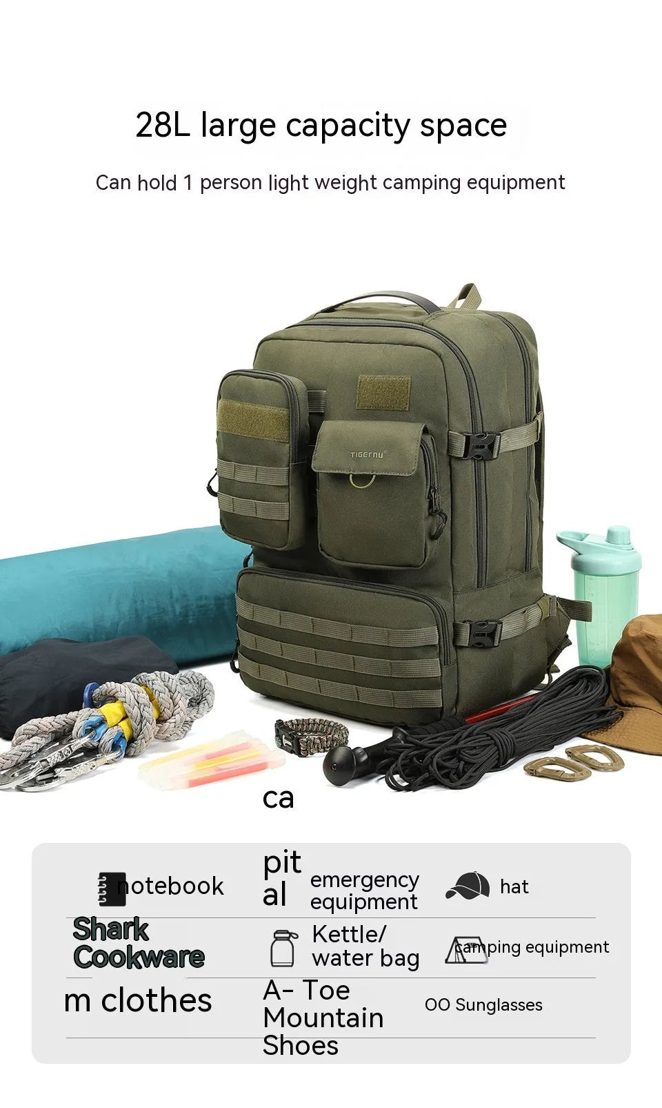 Army green tactical backpack with waterproof nylon construction showing 17-inch frame and adjustable straps