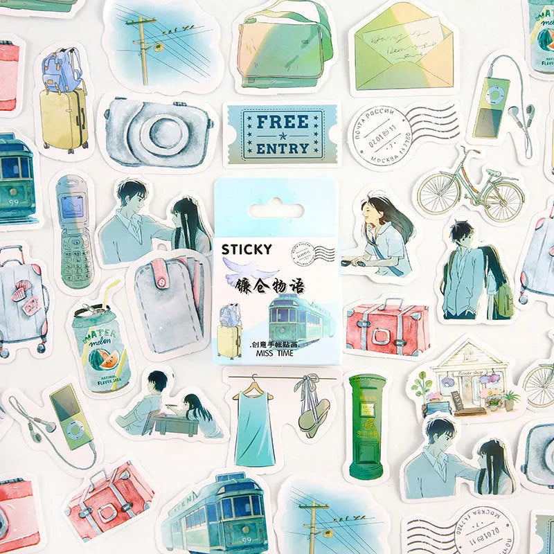 46-piece decorative cartoon sticker pack for journals with small 30x37mm designs in nine colour themes