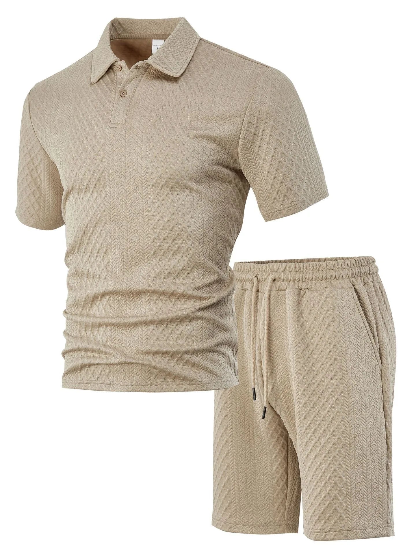 Men's patterned cloth casual suit comprising a short sleeve polo shirt and trousers on a hanger.