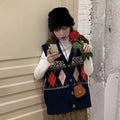 Diamond plaid pattern sleeveless loose cardigan top in khaki colour