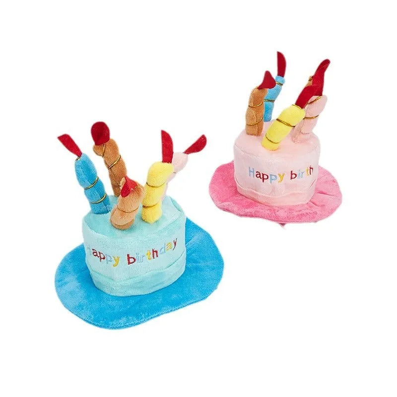 Blue and pink birthday hats for small dogs with elastic bands, shown with dimensions 21cm by 15cm.