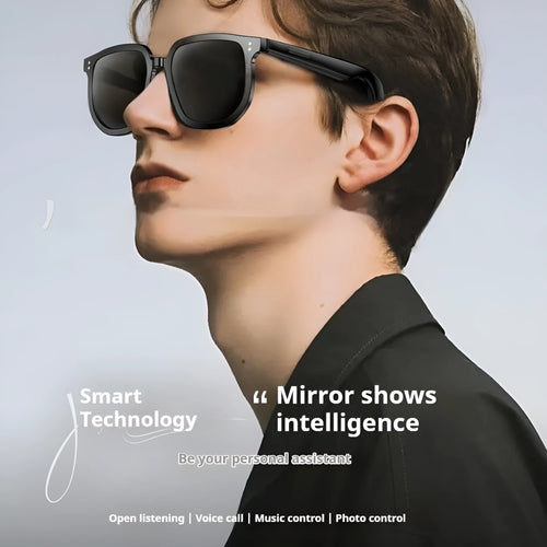 Black PC frame Bluetooth smart sunglasses with touch controls on the temple.