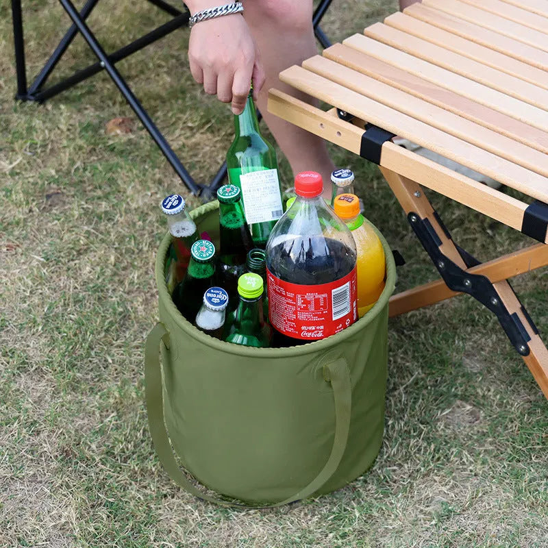 Army green folding telescopic storage duct made from PVC mesh cloth, shown in a collapsed and extended state.