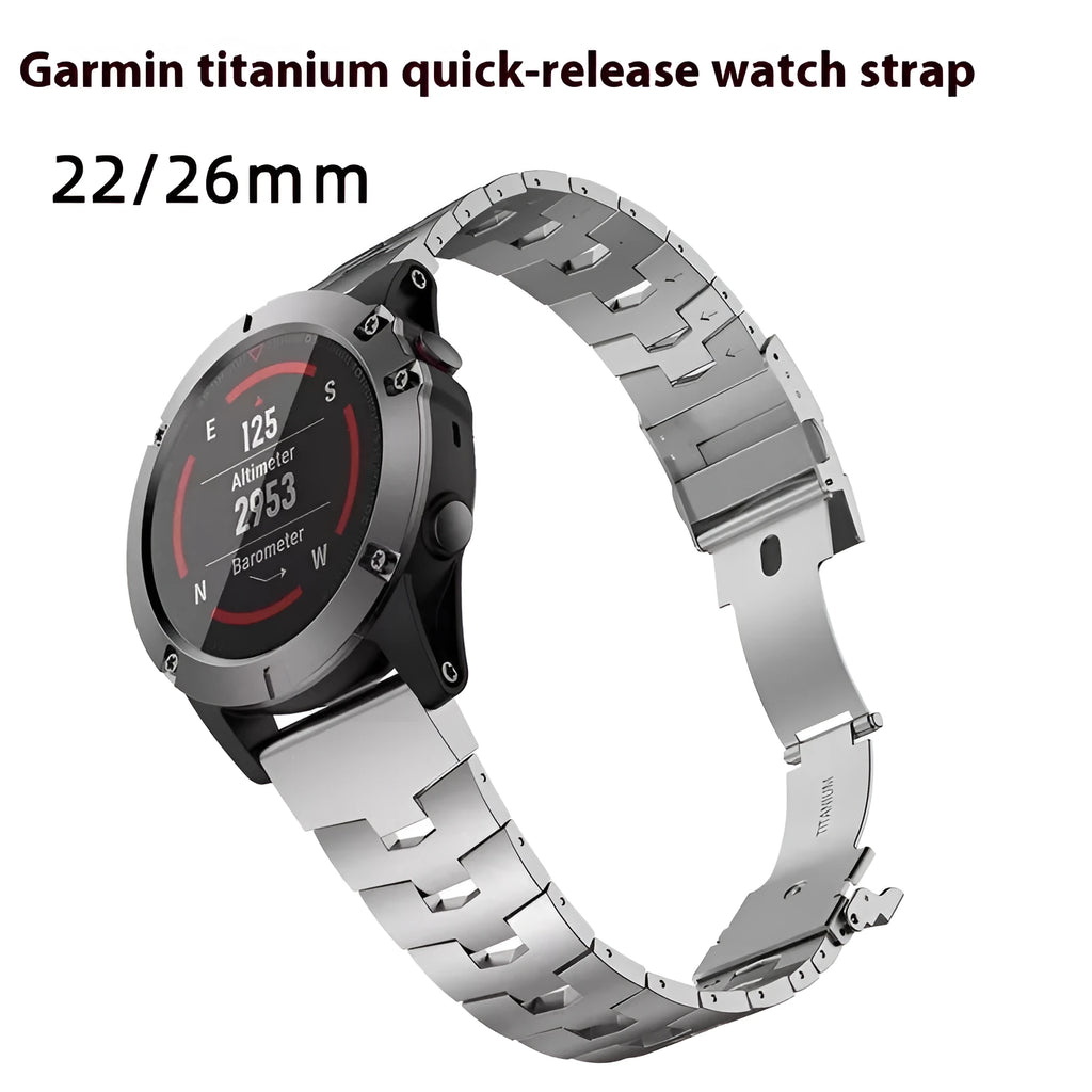 Garmin Fenix metal watch strap replacement in silver, black, and titanium colours showing 22mm and 26mm width options
