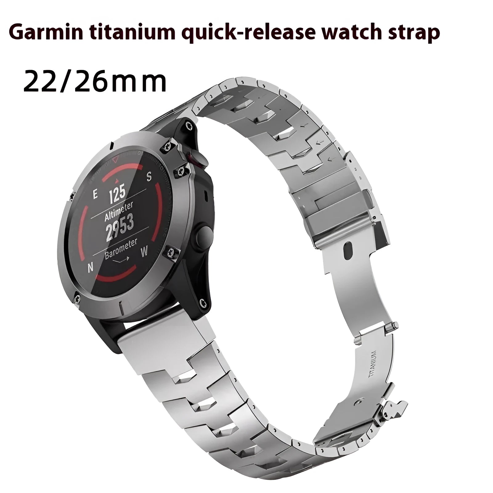 Garmin Fenix metal watch strap replacement in silver, black, and titanium colours showing 22mm and 26mm width options