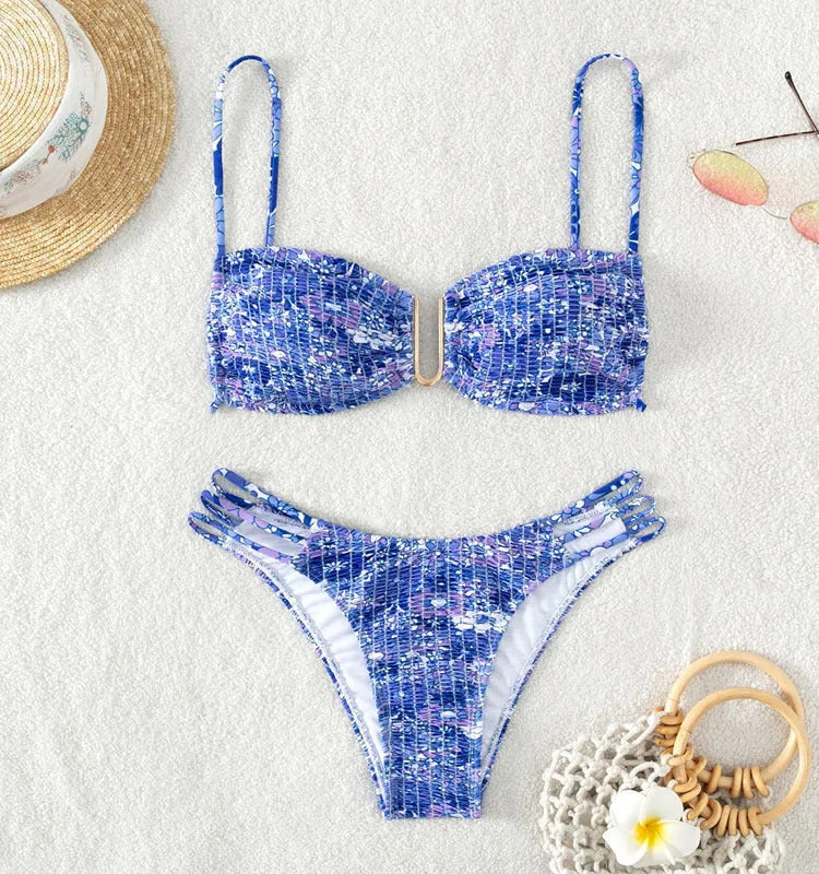 Women's high-waist floral bikini swimsuit in blue, orange, rose red, and pink colour options
