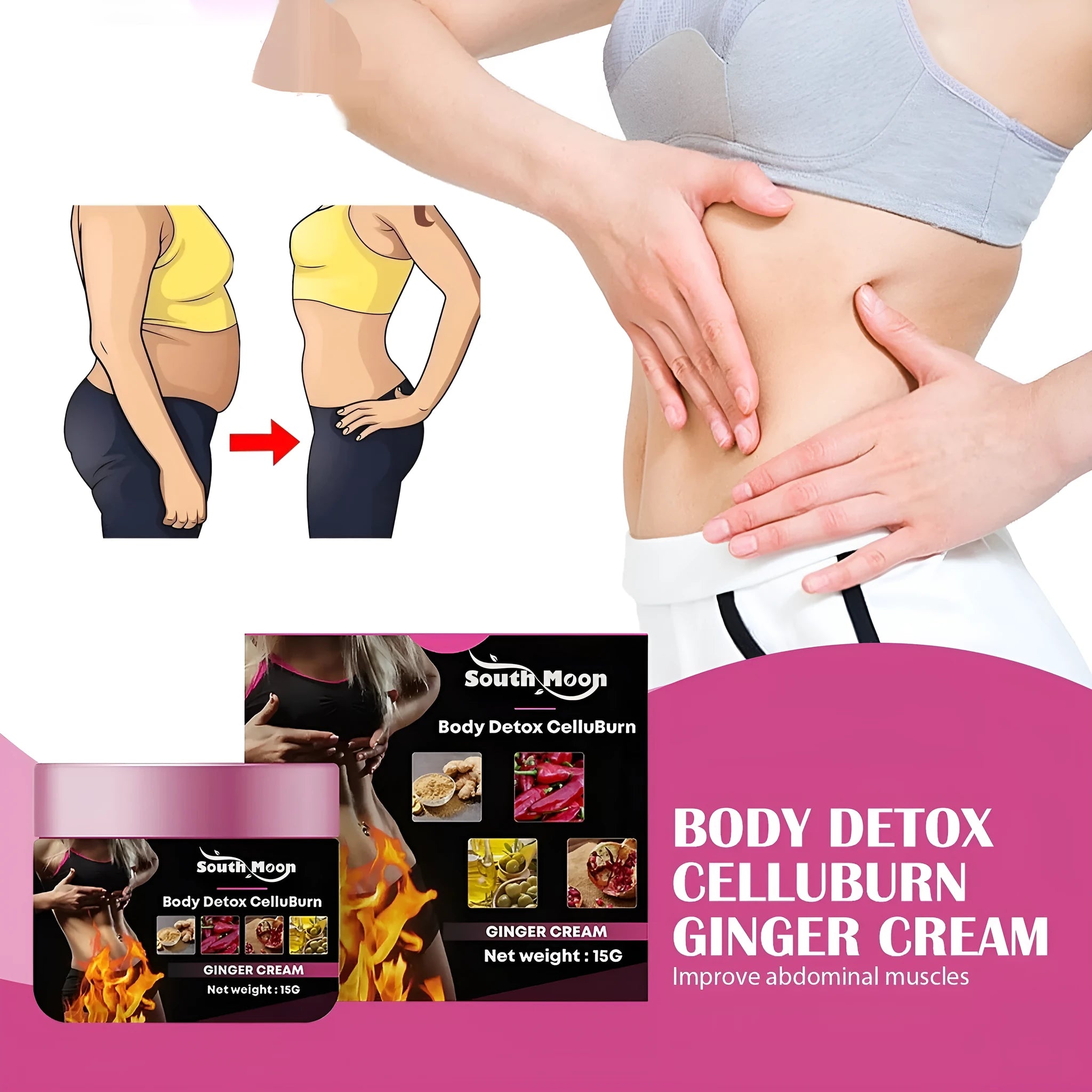 15g pot of ginger body slimming tightening cream for thighs with olive oil and hyaluronic acid.