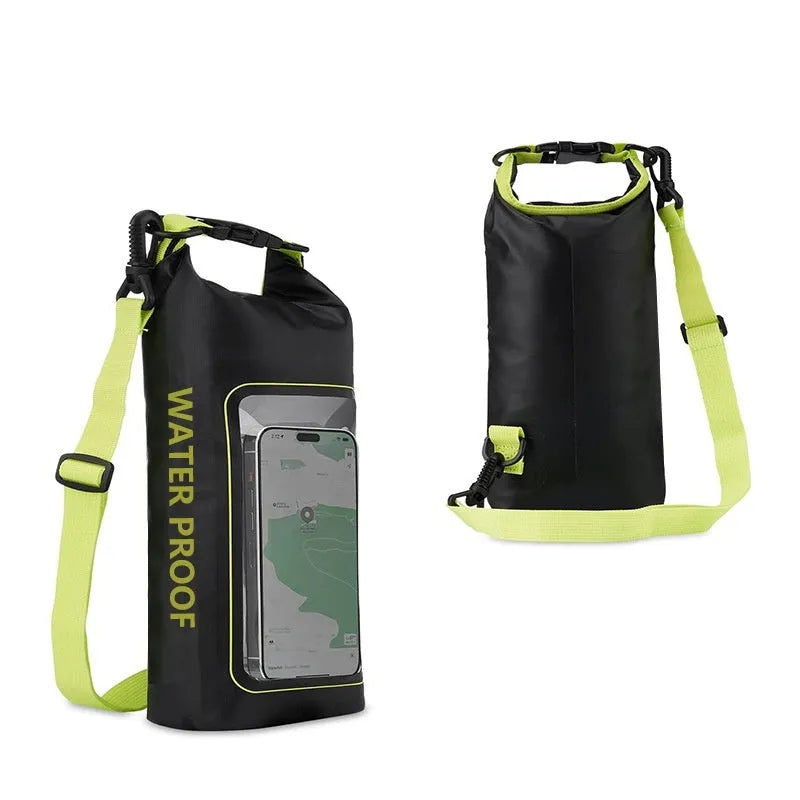 Black waterproof crossbody PVC bag for mobile phones, shown in 2L and 5L sizes.