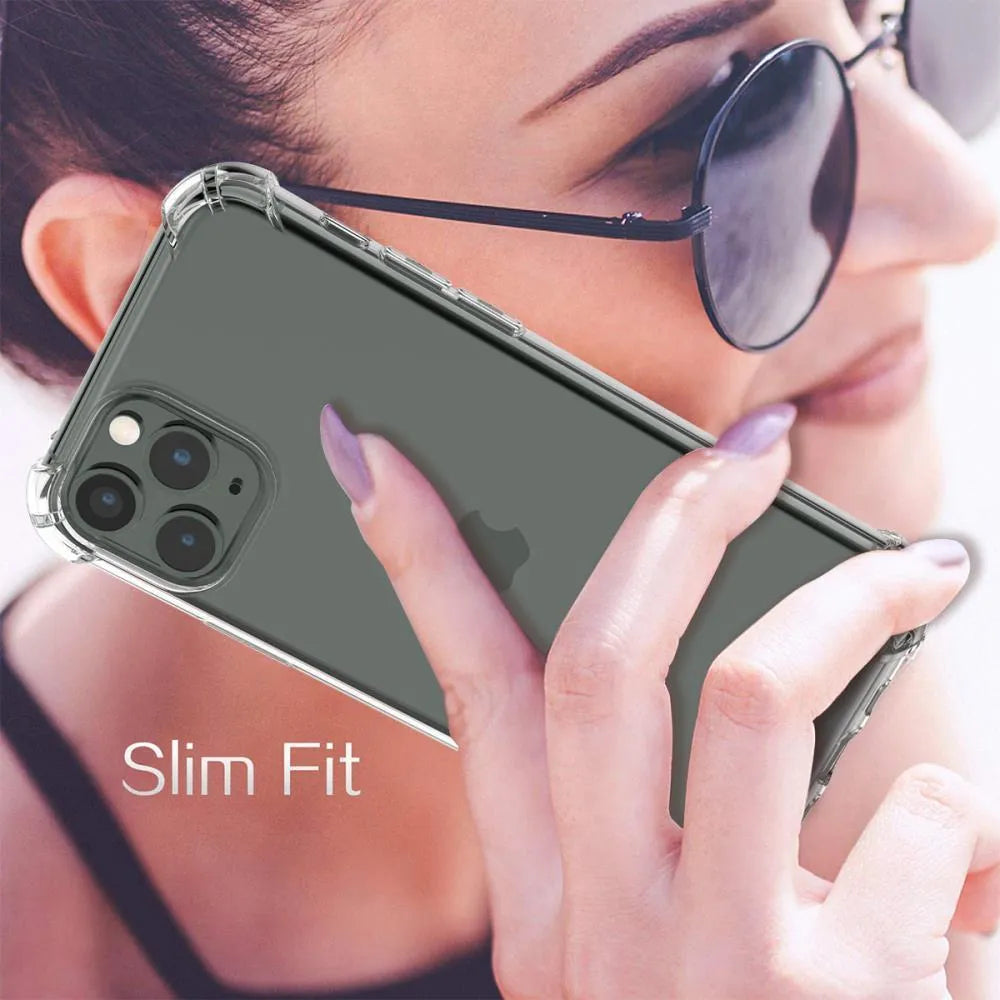 Transparent clear TPU shockproof case for iPhone shown on a phone.