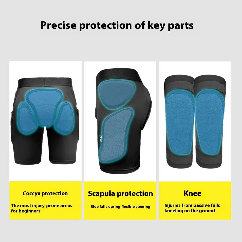 X-ray diffraction ski protective gear showing hip pads and knee pads with sizing options