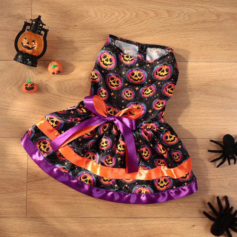 Halloween dog skirt with colourful pumpkin and skull designs in double-layer polyester fabric
