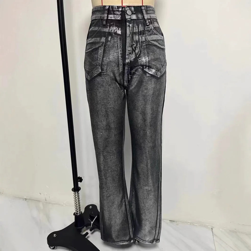 High waist straight leg blue jeans with hot silver contrast details on a model, showing the street hipster style.