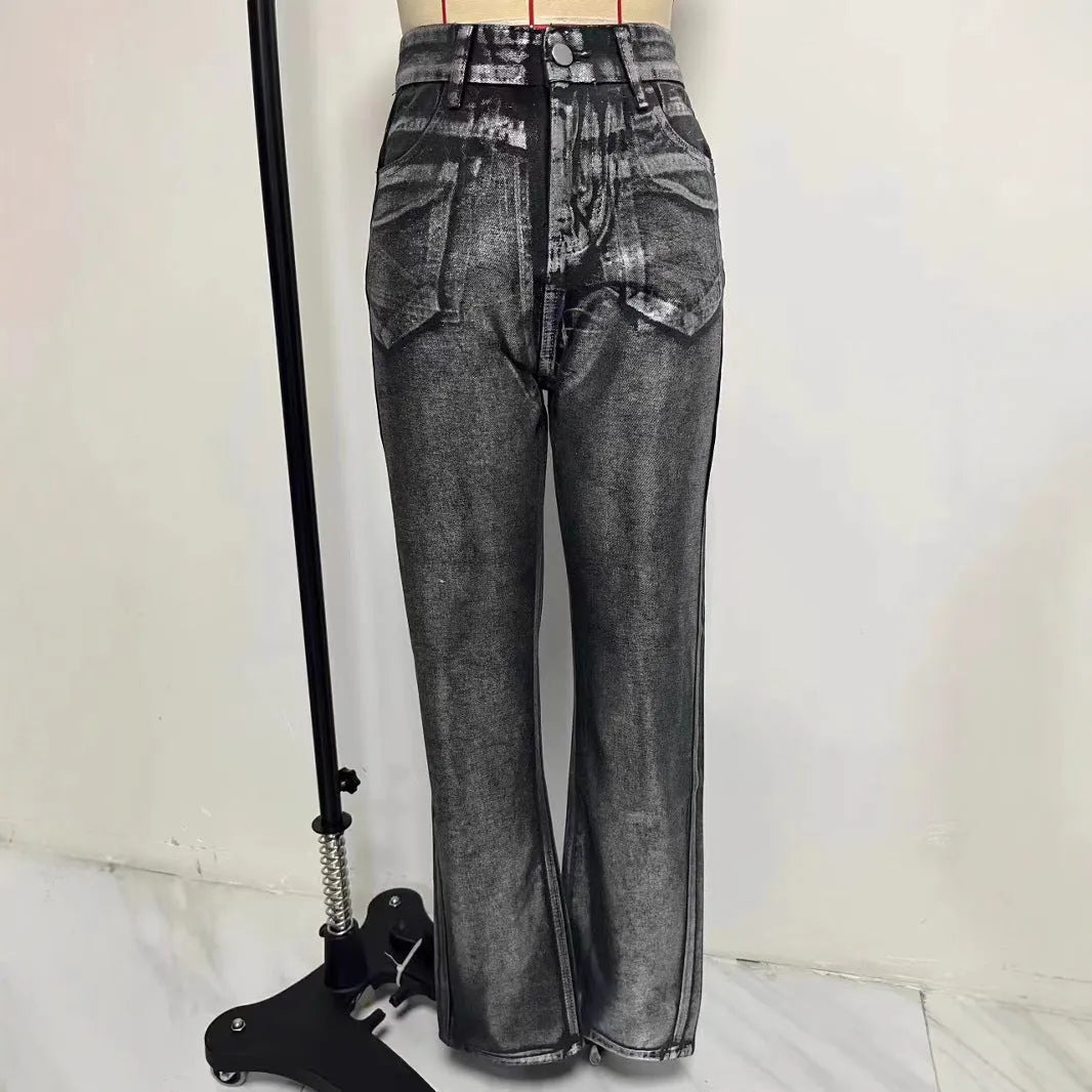 High waist straight leg blue jeans with hot silver contrast details on a model, showing the street hipster style.