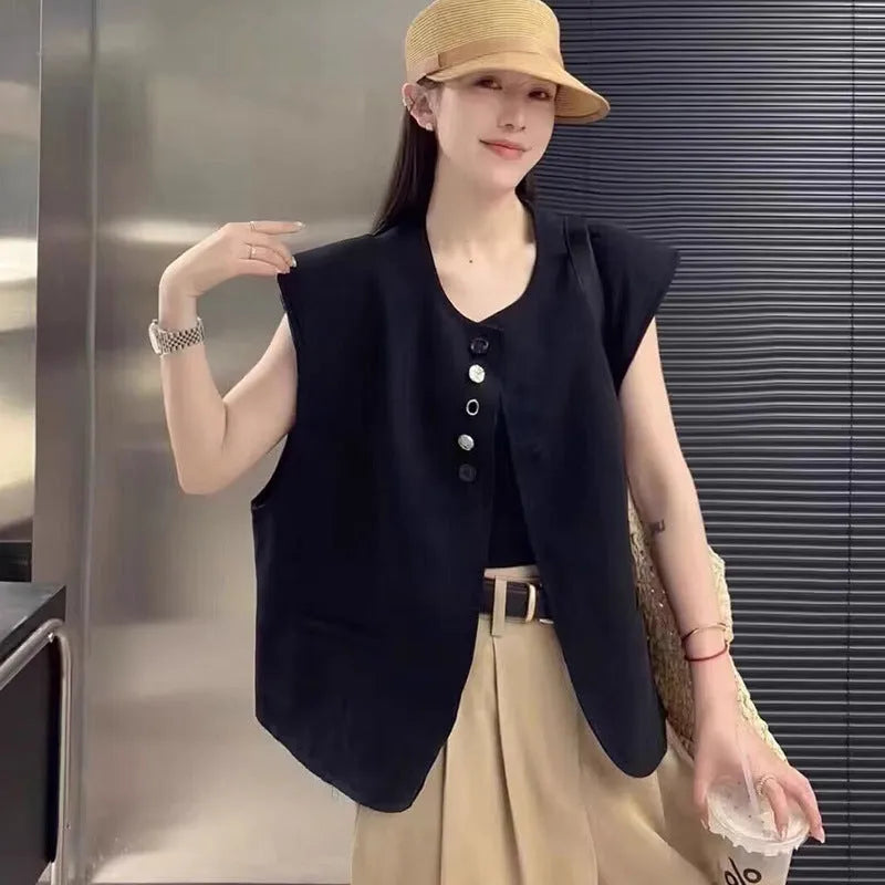 Women's Milky White V-neck polyester vest with side pockets, shown on a model.