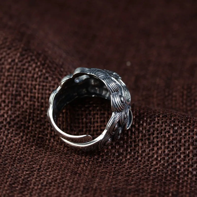 Silver open ring with Jibeast animal pattern and Zodiac design elements