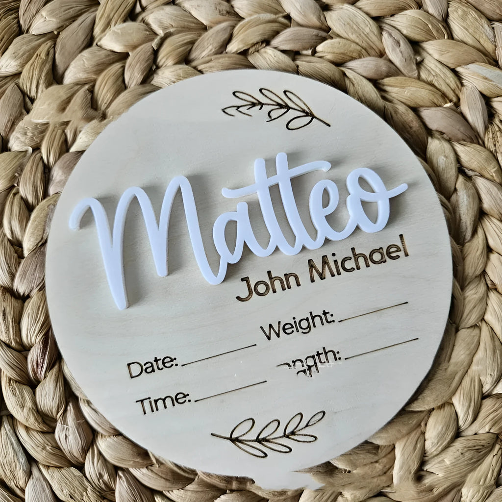 Square wooden plaque for baby's name and birth details on plywood