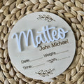 Square wooden plaque for baby's name and birth details on plywood
