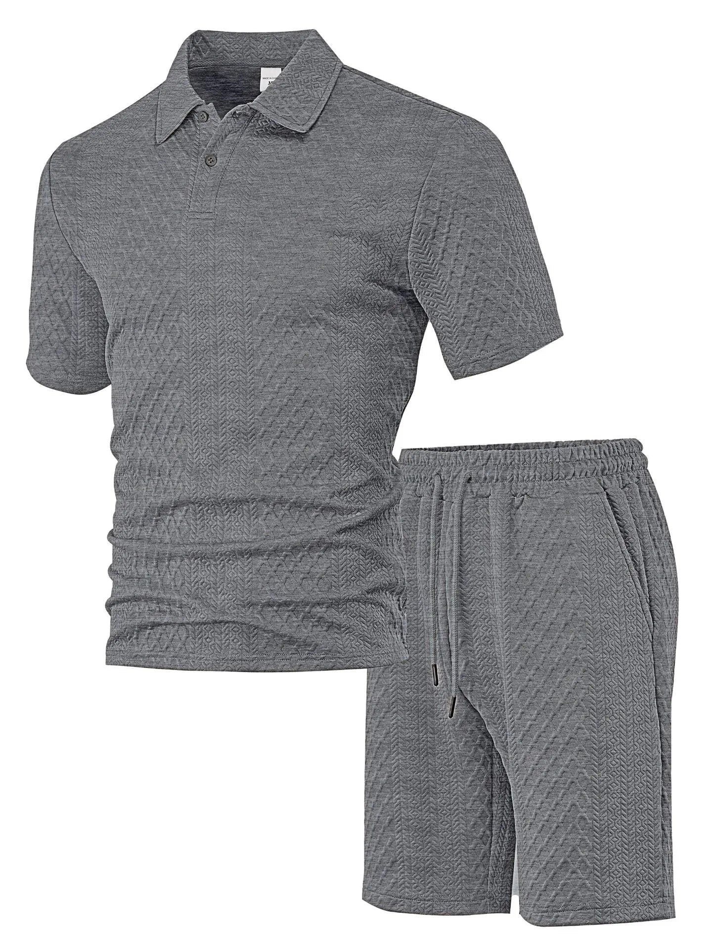 Men's patterned cloth casual suit comprising a short sleeve polo shirt and trousers on a hanger.