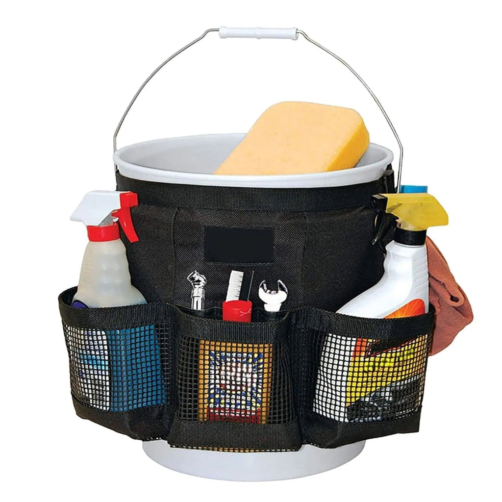 Black cylindrical polyester hanging storage bag fitted on a 5 gallon drum, holding car washing tools.
