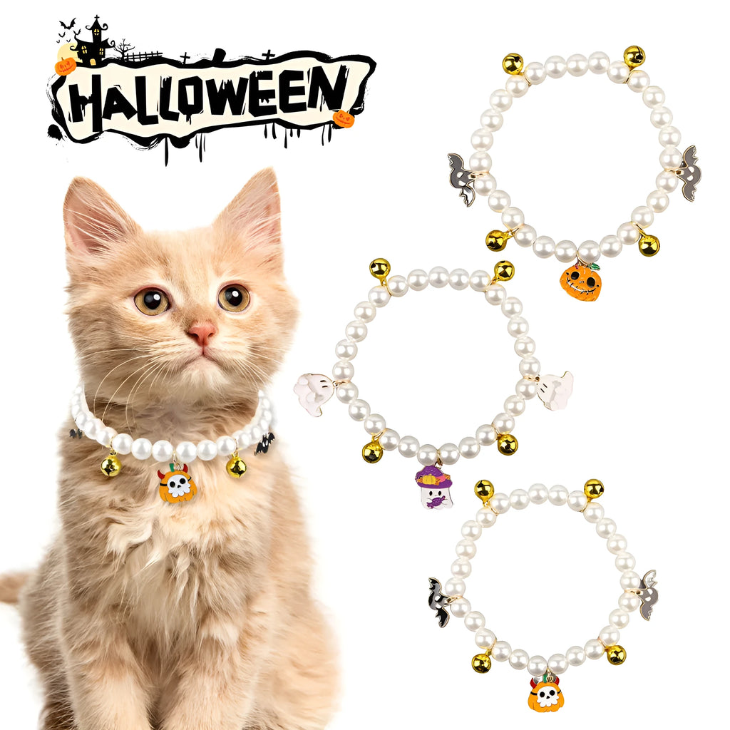 Adjustable simulated pearl necklace cat collar with a Halloween pumpkin charm in purple ghost, skull, or smile designs.