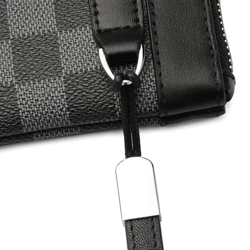 Black plaid men's leather clutch wallet showing dimensions and cowhide texture