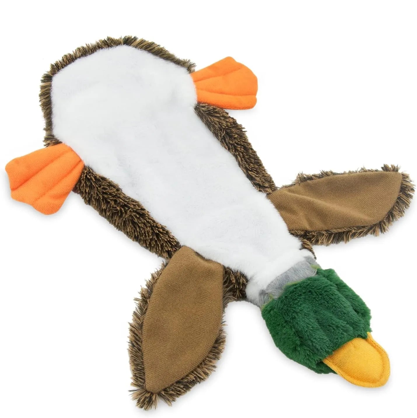 Green stuffless dog toy with squeakers and bottle insertion cavity