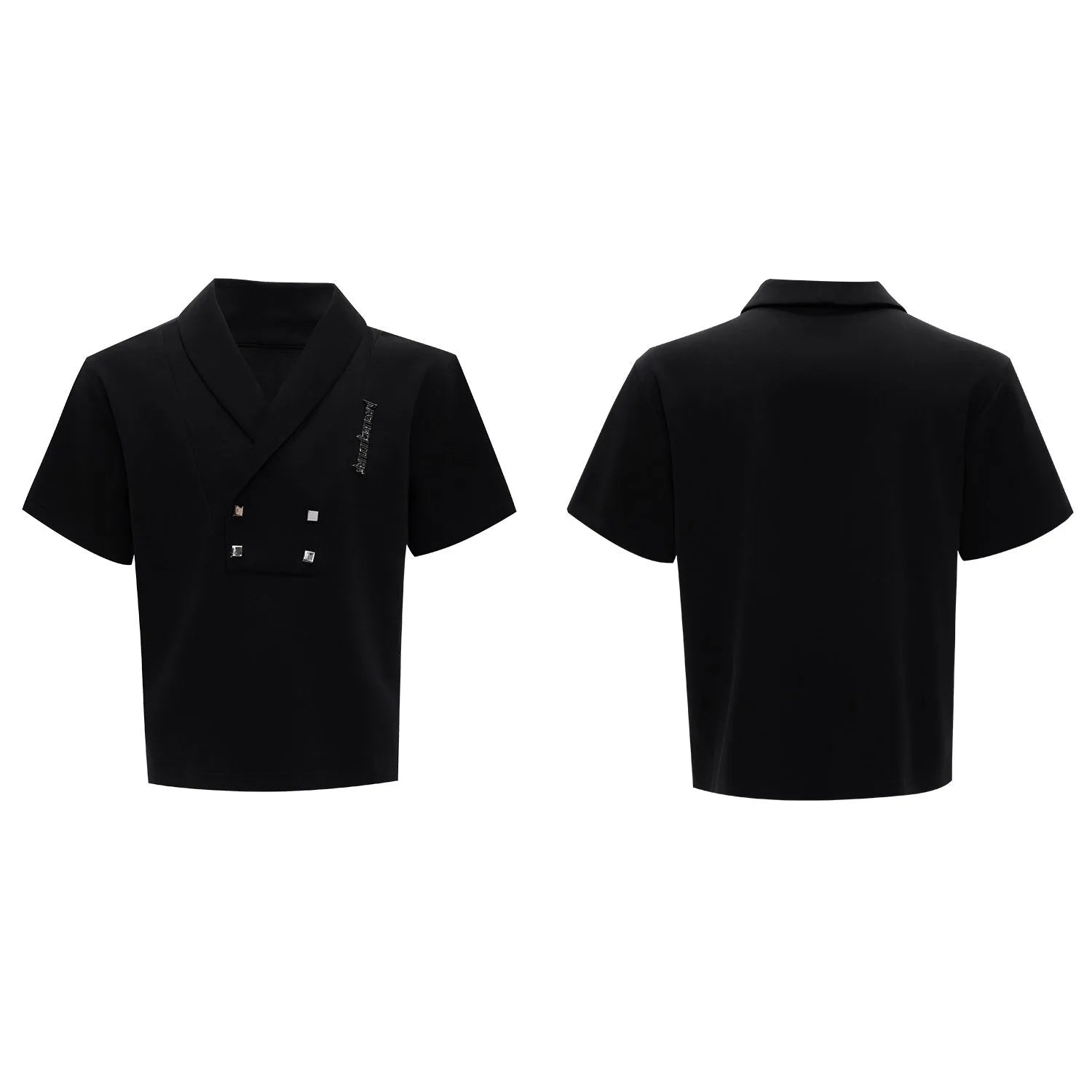 Men's dark grey cotton sports suit with V-neck jacket, padded shoulders, metal embellishments and matching shorts