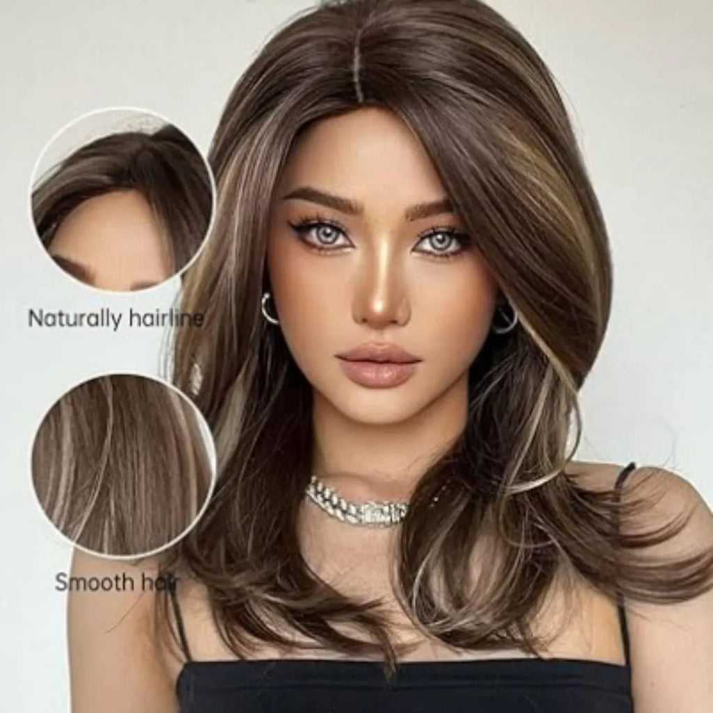 Mid-length platinum gradient synthetic wig with long curly hair and full bangs
