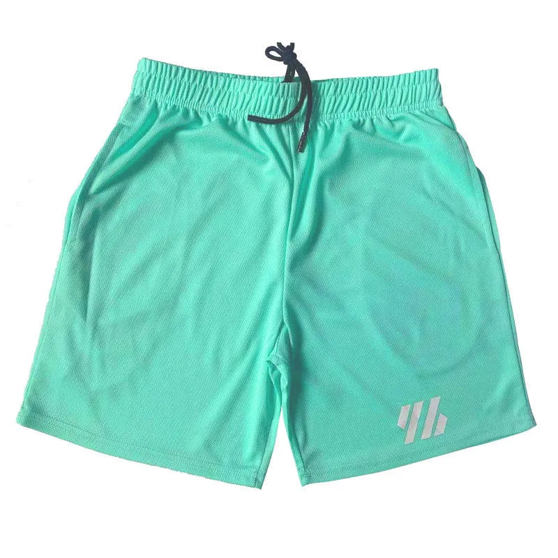 Pair of loose-fitting metal silk sports shorts for running, shown in one of nine available colours.
