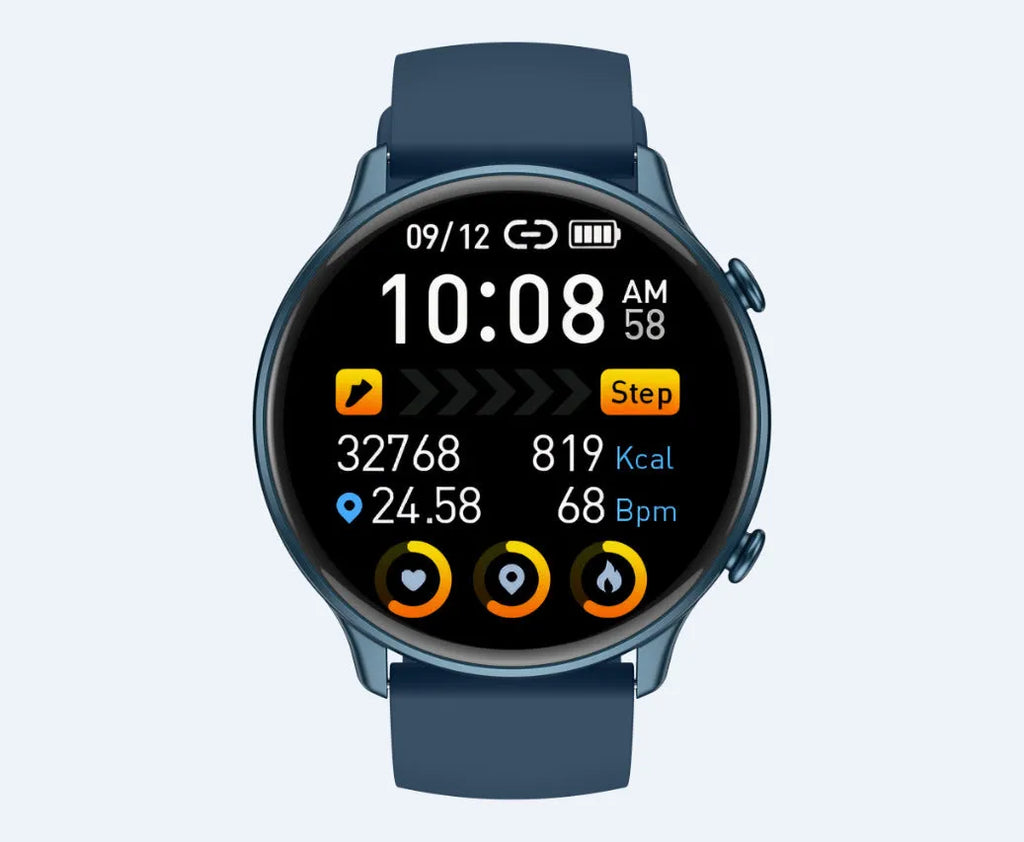 Round smart sports watch with touch screen and silicone strap showing heart rate display