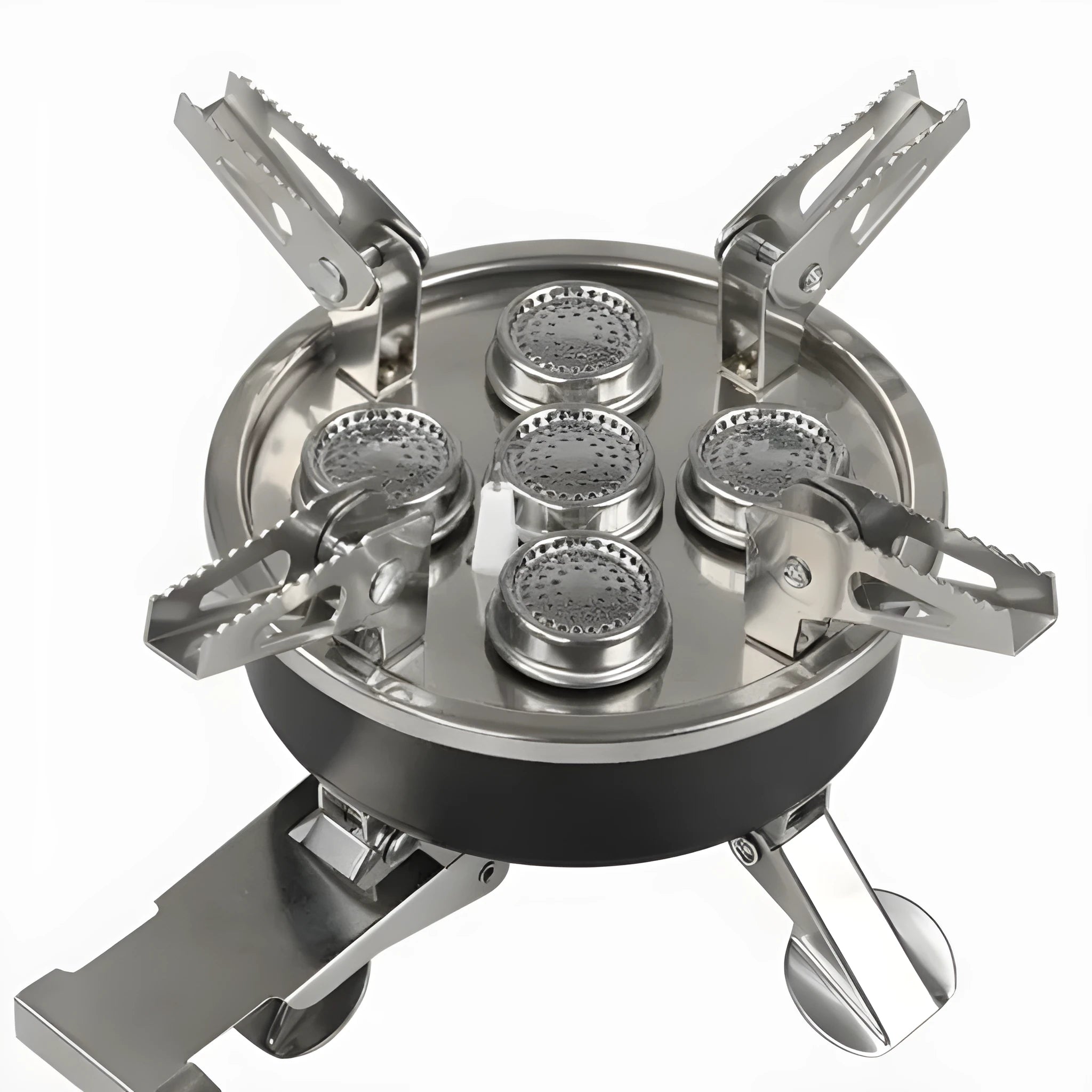 Silver portable split camping stove made of stainless steel and copper, showing its compact size and 100cm connecting hose.