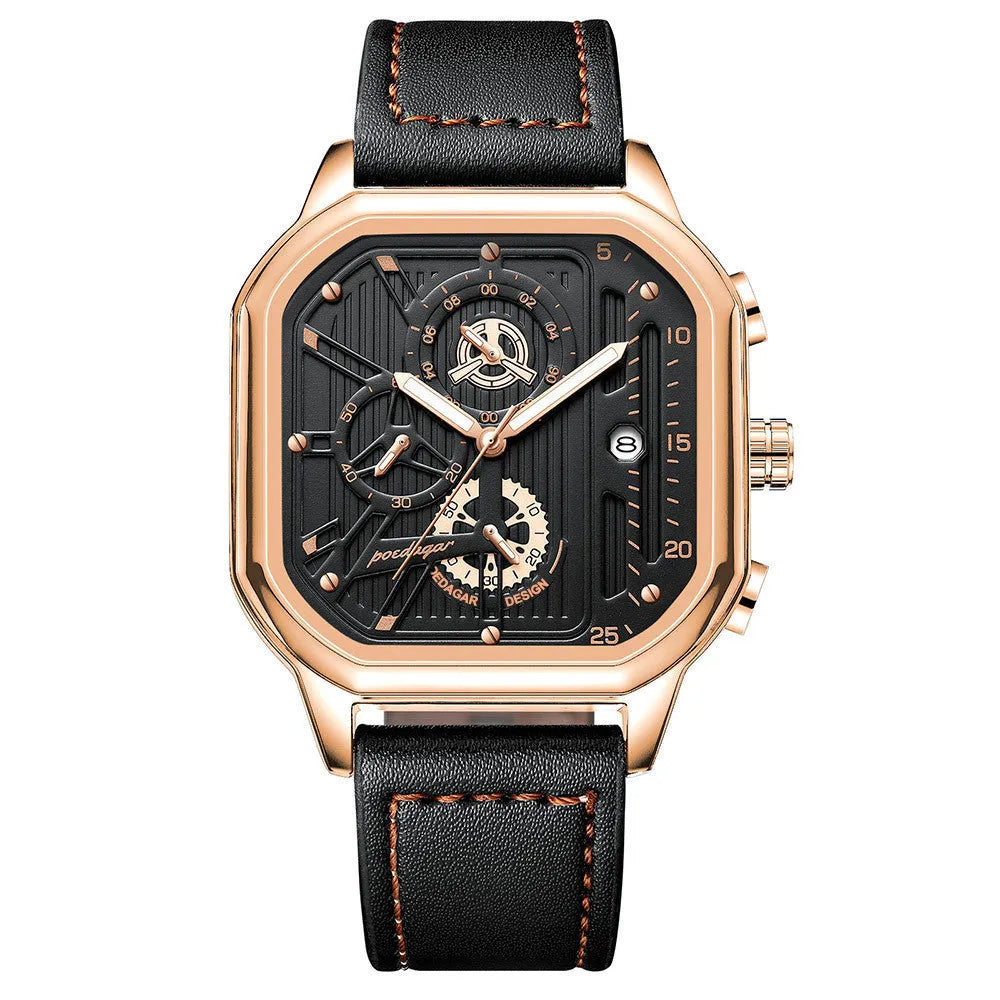 Men's multifunctional quartz watch with belt-style strap showing black shell with gold nails design
