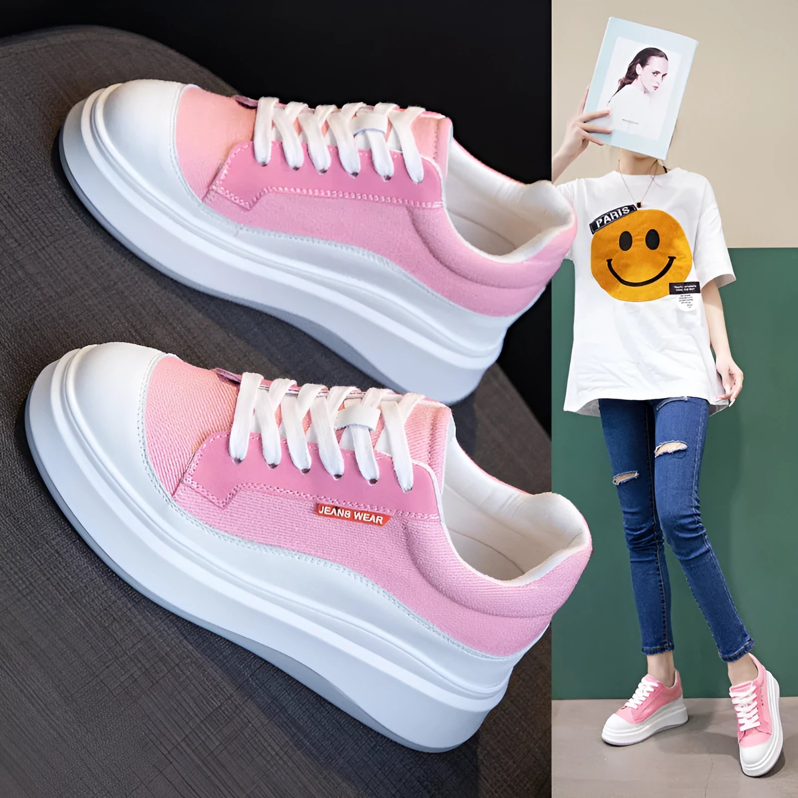 Women's beige and pink cowhide leather casual shoes with thick soles for height increase.