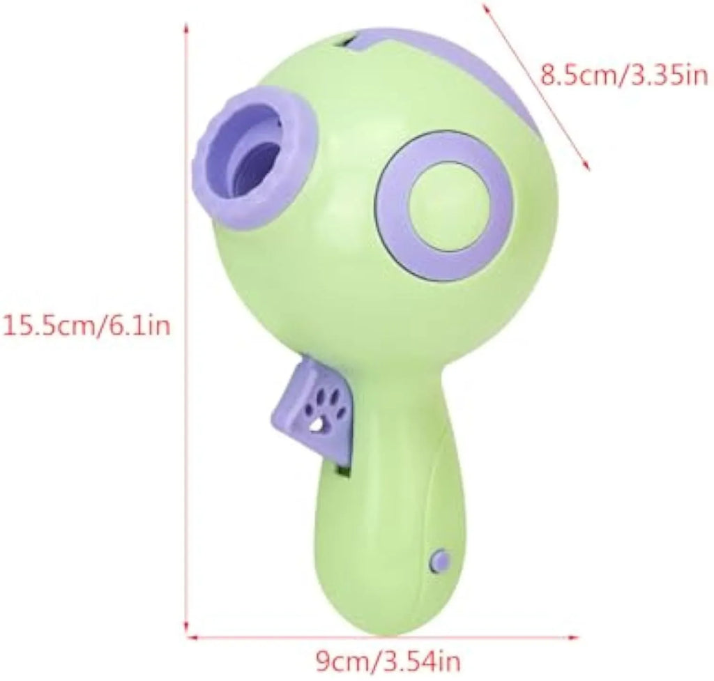 Green, orange, and pink ABS plastic dog treat launcher toy on a white background.
