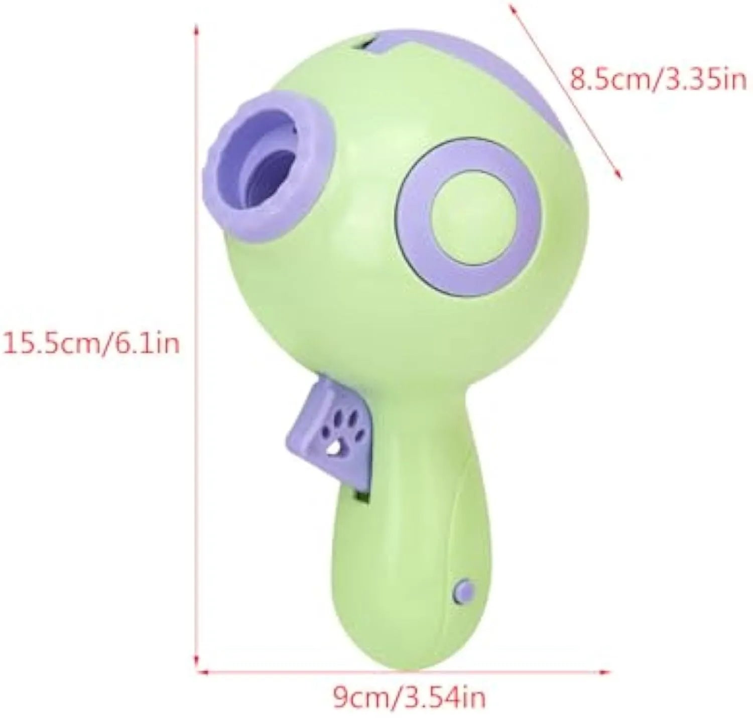 Green, orange, and pink ABS plastic dog treat launcher toy on a white background.
