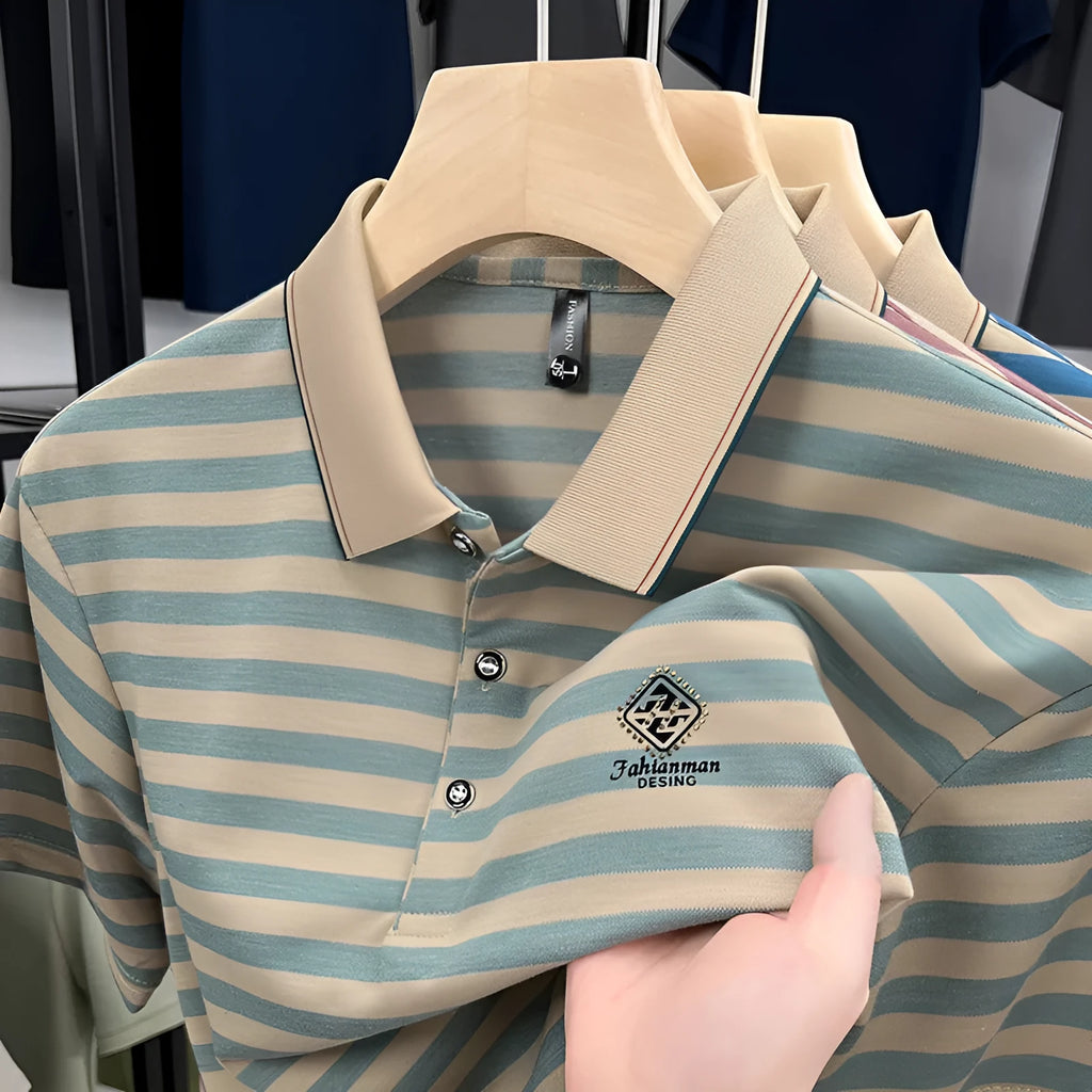 Men's red striped short sleeve t-shirt with mosaic pattern detail on a mannequin.