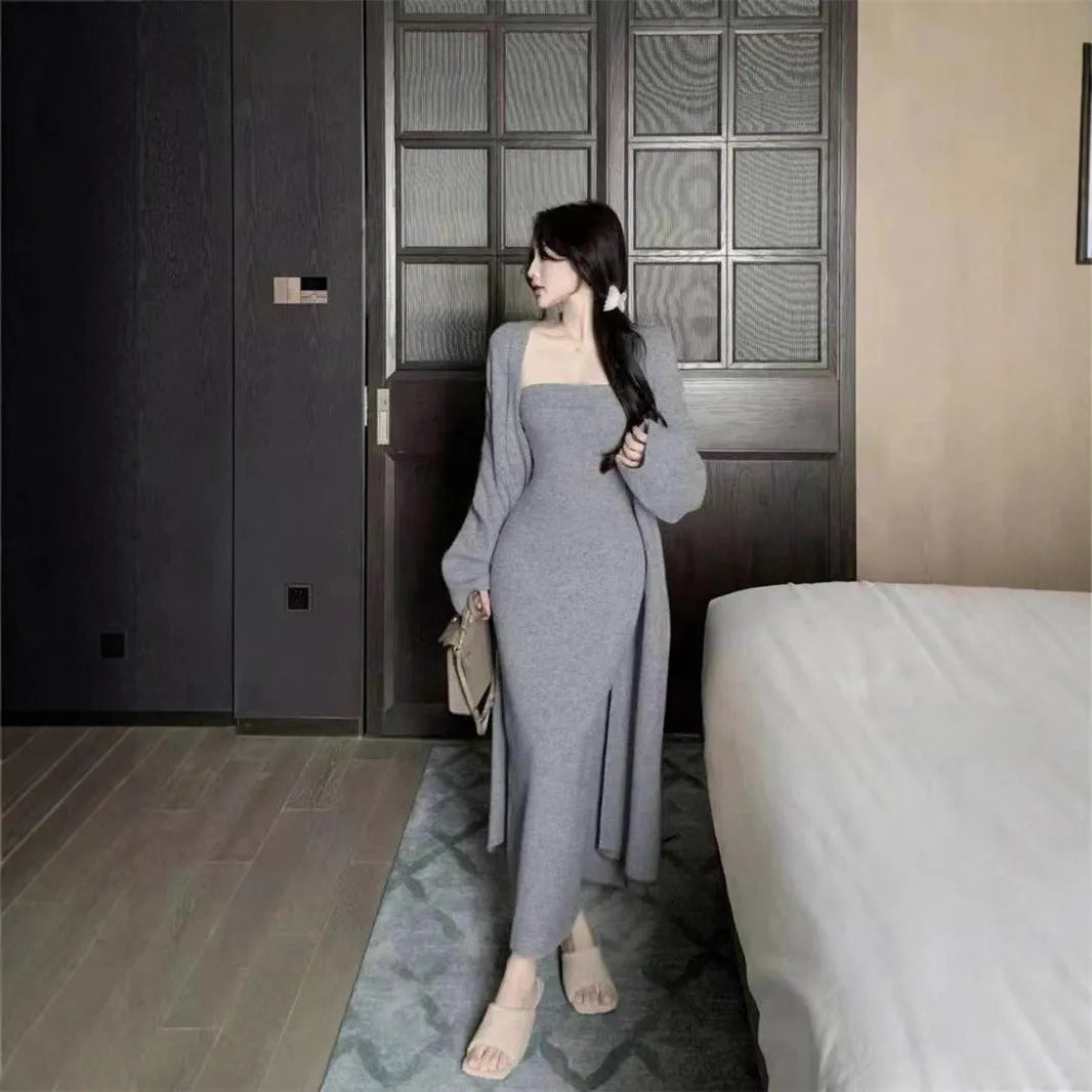Grey women's knitted cardigan and long dress suit set with flocking detail.