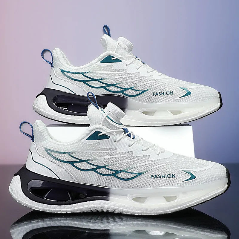 Youth men's low-top rotating button sneaker in light blue mesh with a rubber sole.