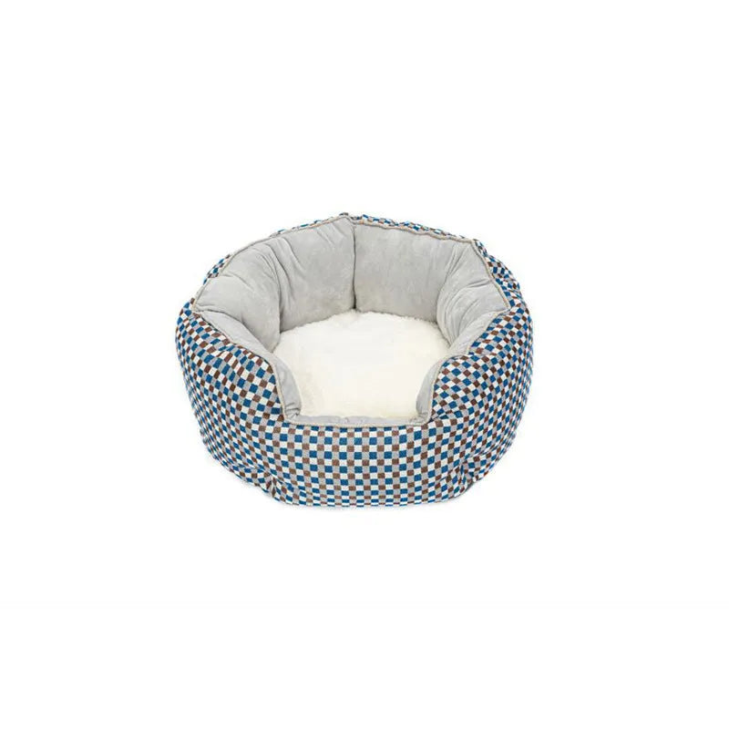 Blue octagonal pet sofa bed with a removable central mat for a small dog or cat.