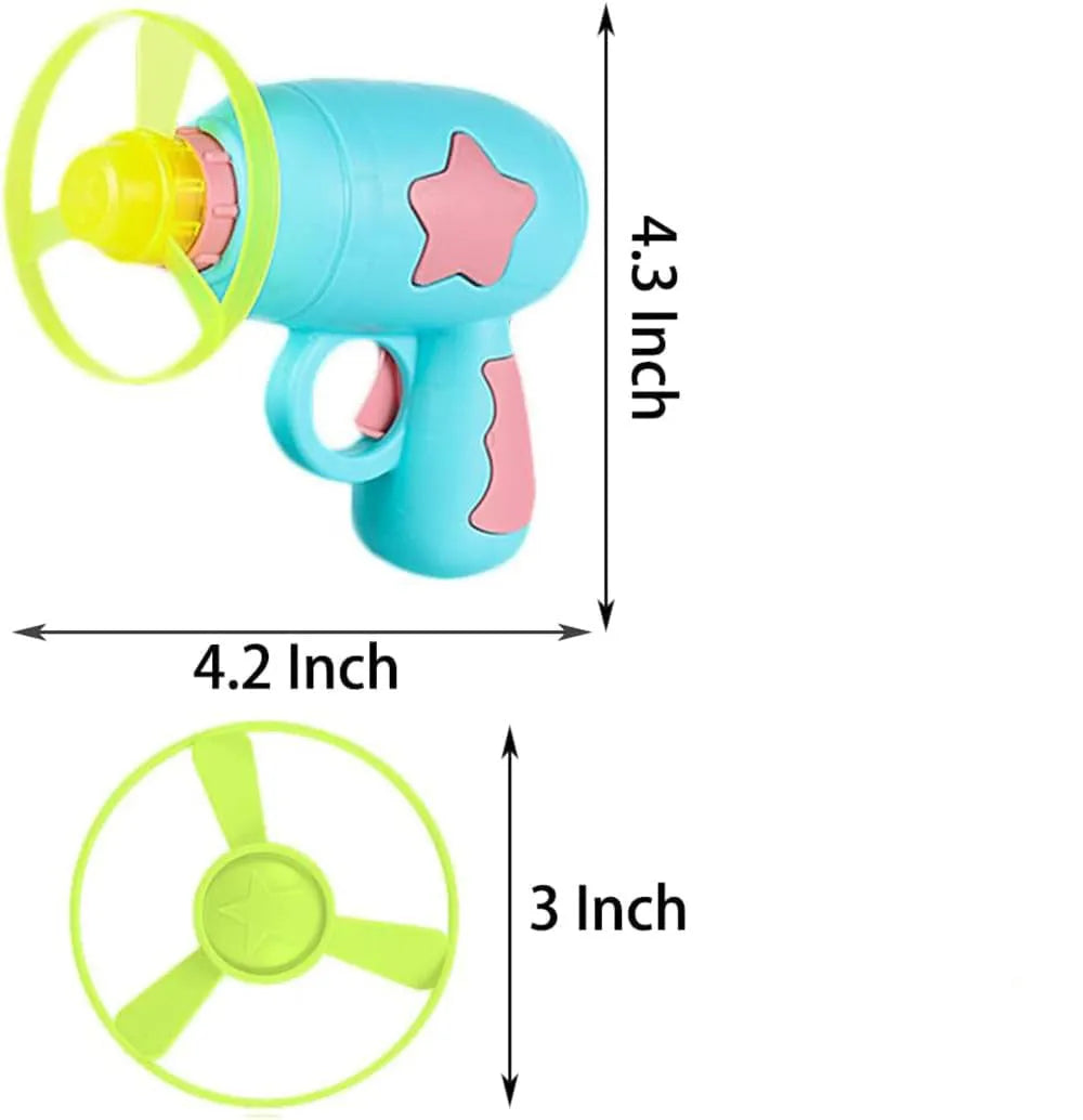 Blue and pink plastic cat toy gun with two frisbees for indoor play