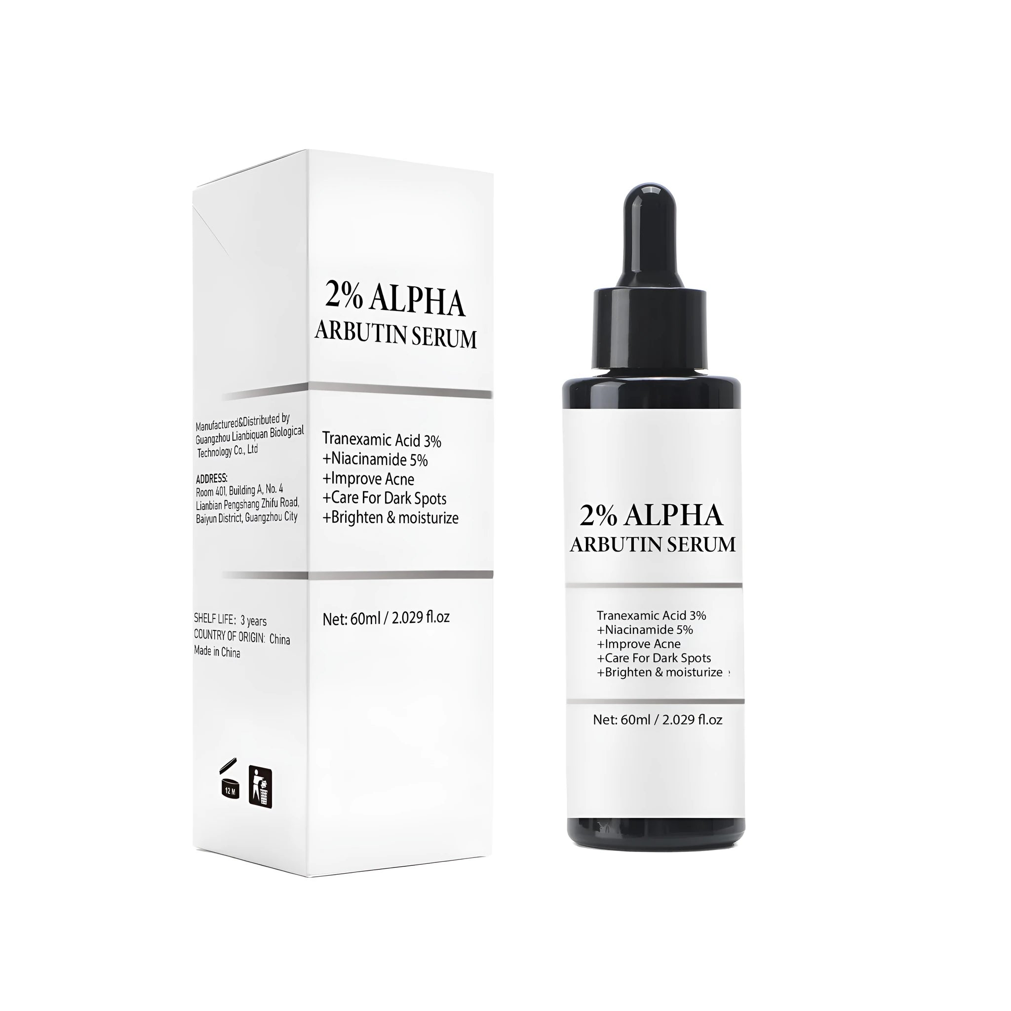 Alpha-arbutin facial care solution bottle, 60ml, dimensions 38mm by 38mm by 134.5mm.