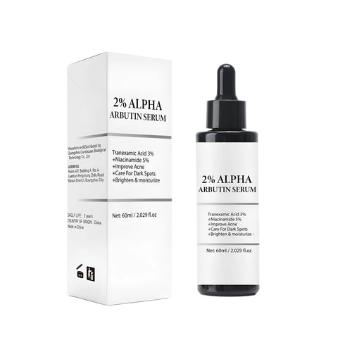 Alpha-arbutin facial care solution bottle, 60ml, dimensions 38mm by 38mm by 134.5mm.