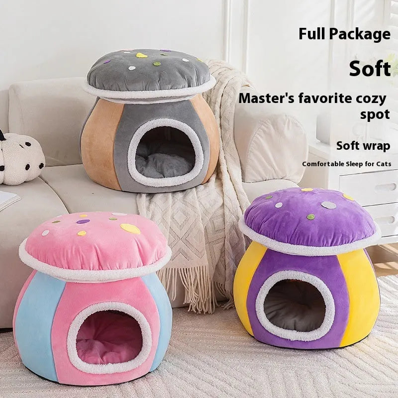 Purple mushroom-shaped plush cat nest bed for pets on a wooden floor