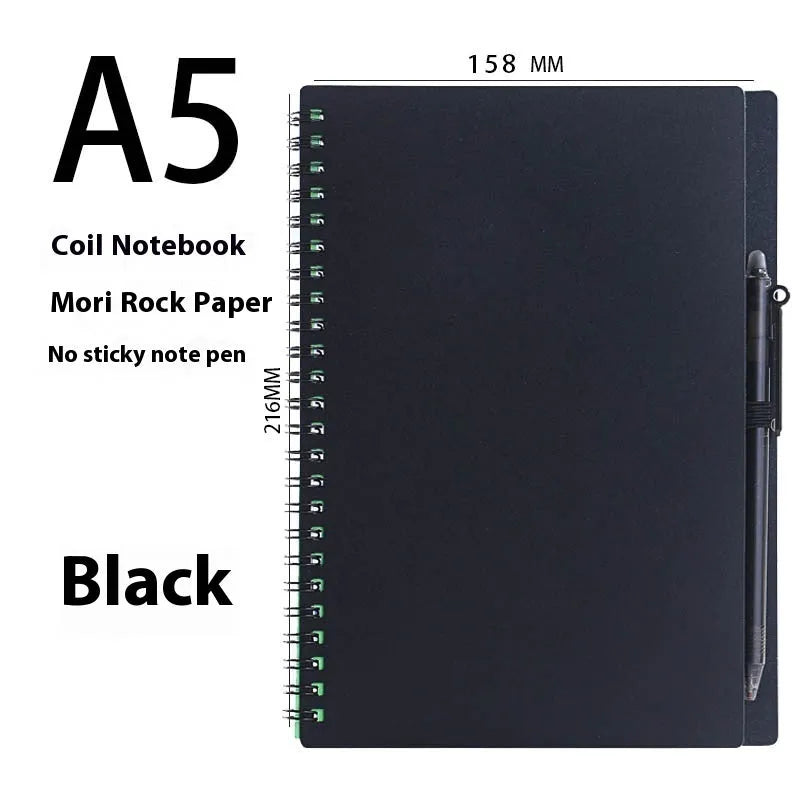 A5 spiral bound reusable notebook with stone paper, shown with pen on customisable coloured cover.
