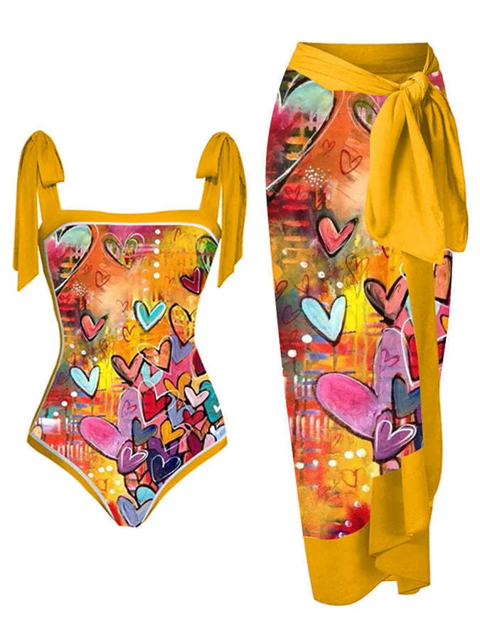Women's floral print chiffon swimsuit with attached skirt in two-piece design