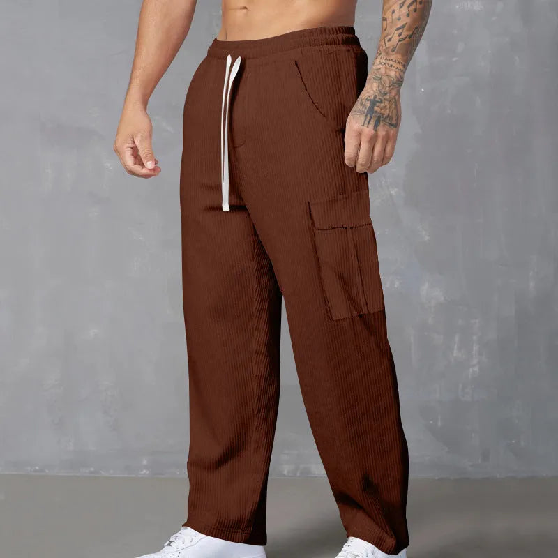 Men's corduroy cargo trousers in straight-leg design with drawstring waist available in multiple colours